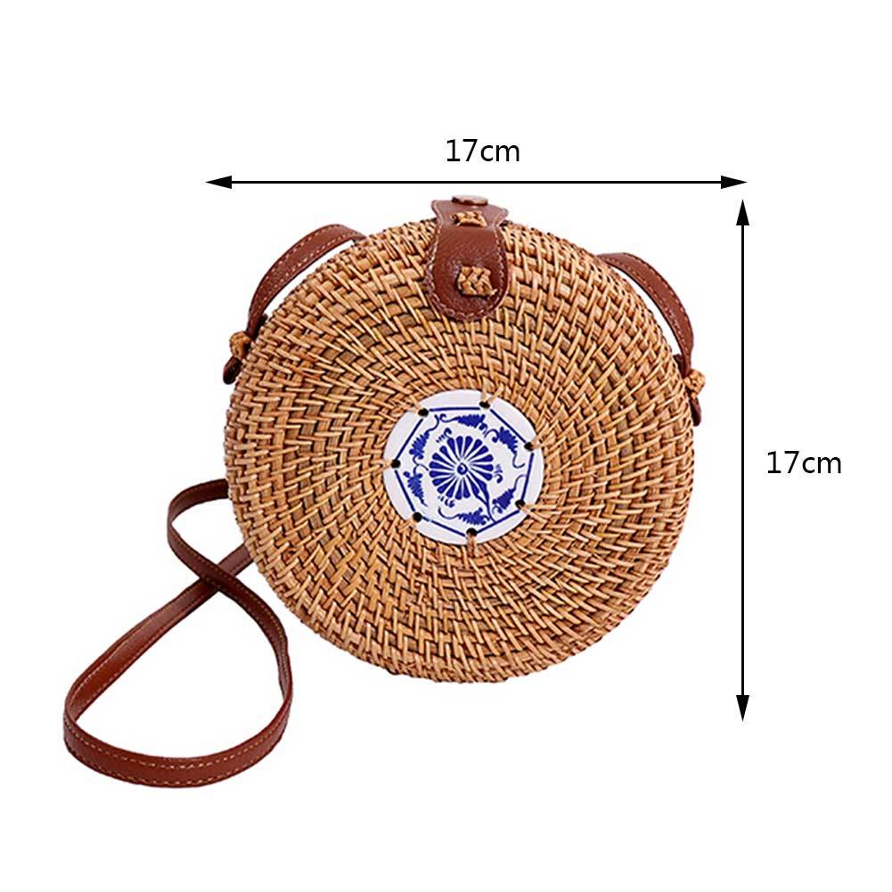 Handcrafted Vietnamese Rattan Straw Round bag / Vintage Art Hand Woven One Shoulder Leather Buckle Bag - crossbody Leather bag shoulder messenger storage bag purse - UK FREE DELIVERY