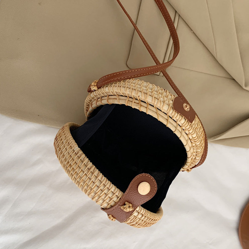 Handcrafted Vietnamese Rattan Straw Round bag / Vintage Art Hand Woven One Shoulder Leather Buckle Bag - crossbody Leather bag shoulder messenger storage bag purse - UK FREE DELIVERY