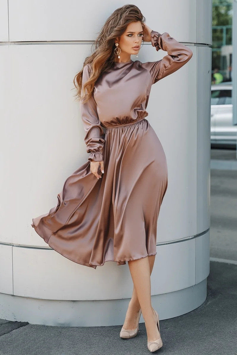 Spring And Summer Retro Commuter High Waist Temperament Light Mature Flared Sleeve Solid Color Mid length Skirt Chiffon Skirt