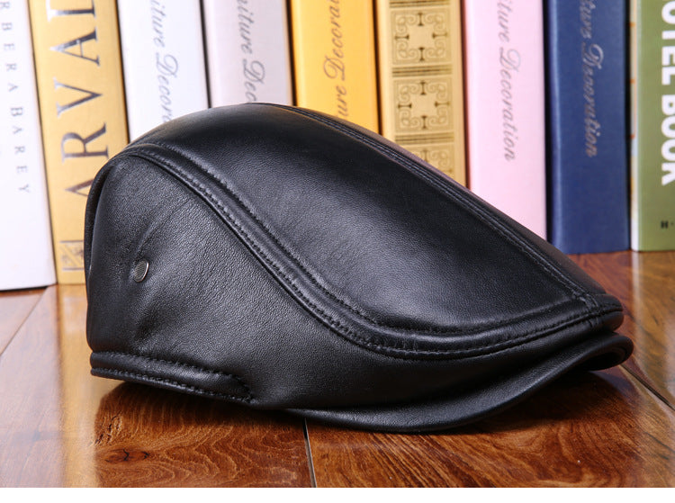 Leather Hat Men's Sheepskin Ear Protection Leather Suede Beret