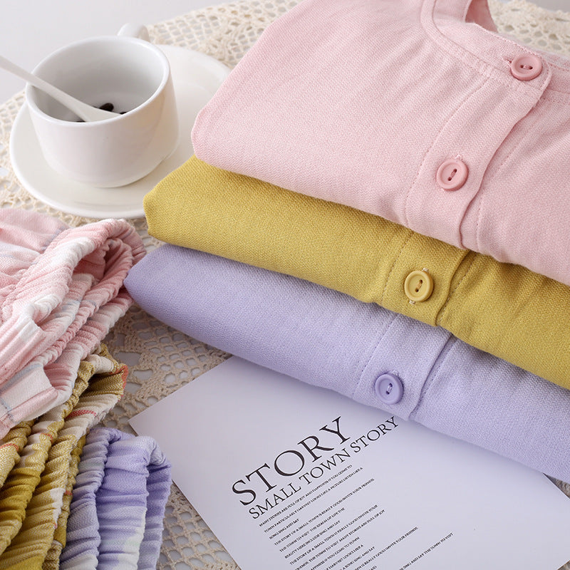 Color Woven Double Gauze Couple Cotton Pajamas Set Day Round Collar Long Sleeve Four Seasons Thin Men And Women Home