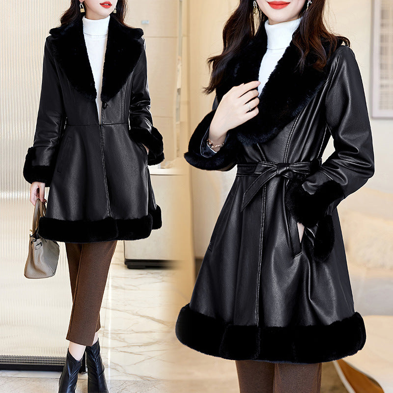 Women's Fashion GENUINE LEATHER SHEEPSKIN Velvet Padded Sheepskin Coat Overcoat Jacket Winter coat dress