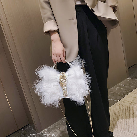 Women’s Fashion Designer Pearls Diamond Fur Evening Prom Party Dress Clutch Bag Dinner Plush Bag