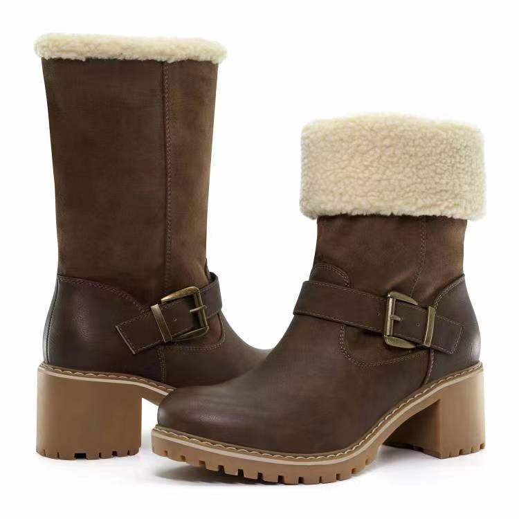 Fashion Women’s / Ladies Autumn Winter Boots With adjustable Buckle strap - Foldable wool calf length - Choice to make long or short shoes - Chunky Heel Shoes Warm Winter Round Toe Western Boots For Girls - Christmas sale -Chelsea boots - Free UK delivery