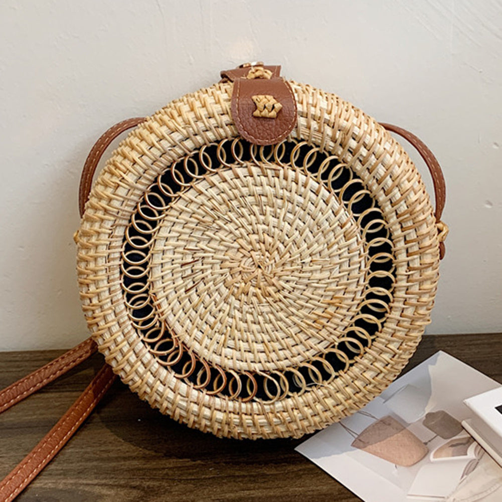 Handcrafted Vietnamese Rattan Straw Round bag / Vintage Art Hand Woven One Shoulder Leather Buckle Bag - crossbody Leather bag shoulder messenger storage bag purse - UK FREE DELIVERY