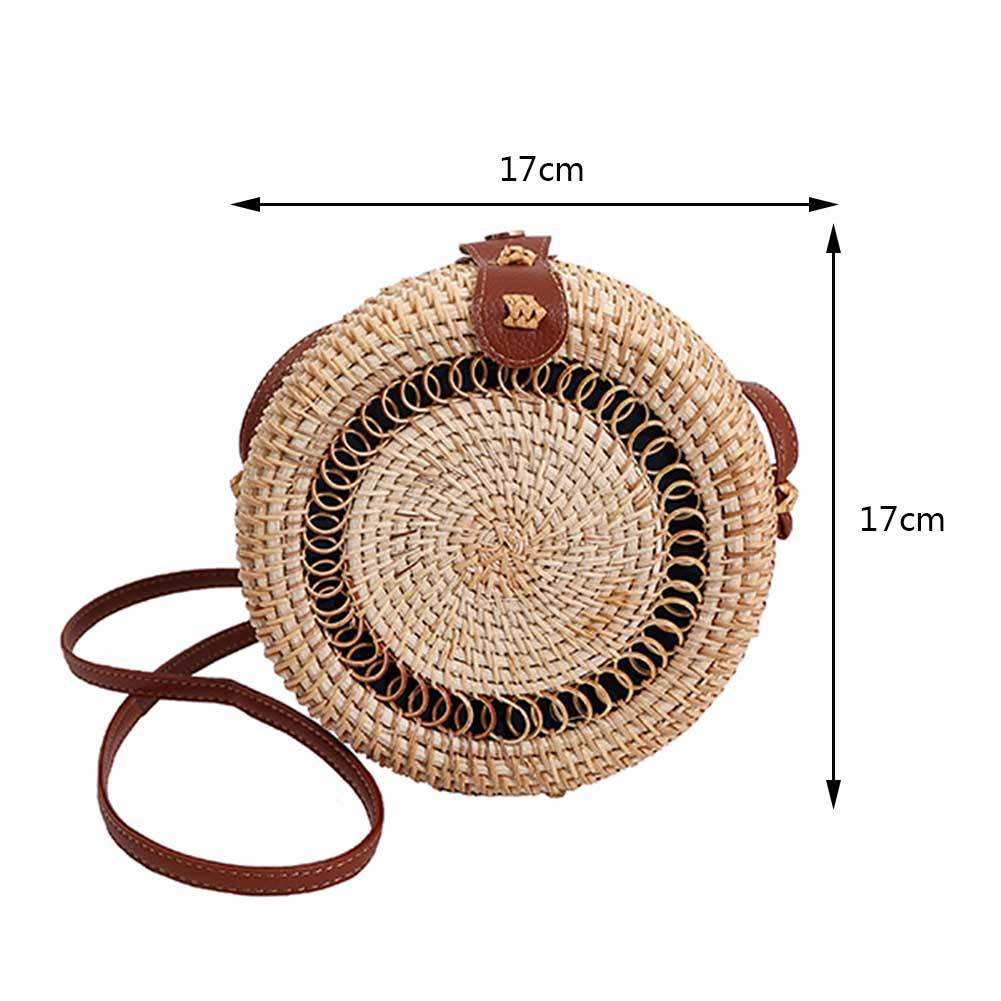 Handcrafted Vietnamese Rattan Straw Round bag / Vintage Art Hand Woven One Shoulder Leather Buckle Bag - crossbody Leather bag shoulder messenger storage bag purse - UK FREE DELIVERY