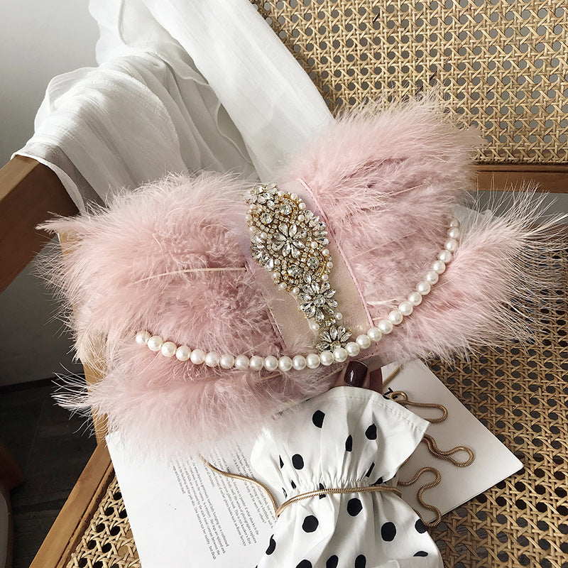 Women’s Fashion Designer Pearls Diamond Fur Evening Prom Party Dress Clutch Bag Dinner Plush Bag