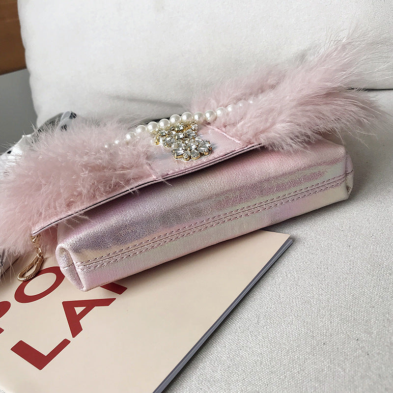 Women’s Fashion Designer Pearls Diamond Fur Evening Prom Party Dress Clutch Bag Dinner Plush Bag