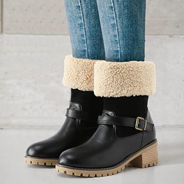 Fashion Women’s / Ladies Autumn Winter Boots With adjustable Buckle strap - Foldable wool calf length - Choice to make long or short shoes - Chunky Heel Shoes Warm Winter Round Toe Western Boots For Girls - Christmas sale -Chelsea boots - Free UK delivery