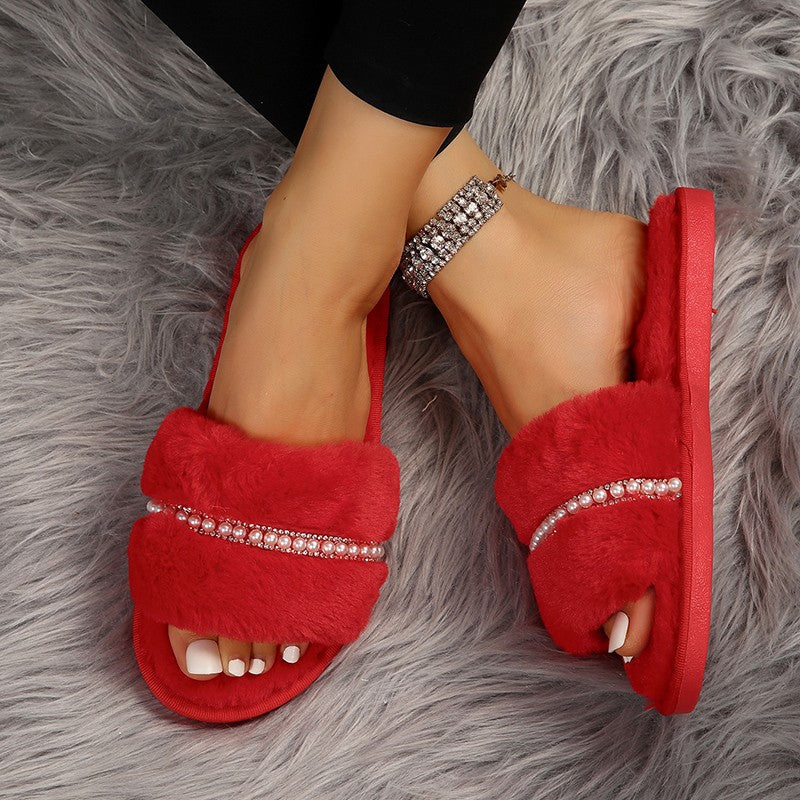 Latest Women’s Trending Fashion Solid Color Plush Fur Slippers With Pearls - Christmas gift - ladies Flat sandals- winter shoes - House indoor / Outdoor Slippers - Autumn / winter boots - Suede shoes - Free Delivery 📦