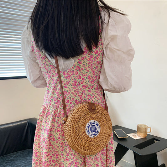 Handcrafted Vietnamese Rattan Straw Round bag / Vintage Art Hand Woven One Shoulder Leather Buckle Bag - crossbody Leather bag shoulder messenger storage bag purse - UK FREE DELIVERY