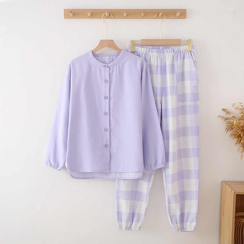 Color Woven Double Gauze Couple Cotton Pajamas Set Day Round Collar Long Sleeve Four Seasons Thin Men And Women Home