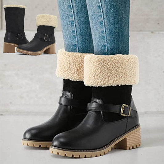 Fashion Women’s / Ladies Autumn Winter Boots With adjustable Buckle strap - Foldable wool calf length - Choice to make long or short shoes - Chunky Heel Shoes Warm Winter Round Toe Western Boots For Girls - Christmas sale -Chelsea boots - Free UK delivery