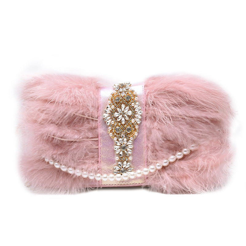 Women’s Fashion Designer Pearls Diamond Fur Evening Prom Party Dress Clutch Bag Dinner Plush Bag