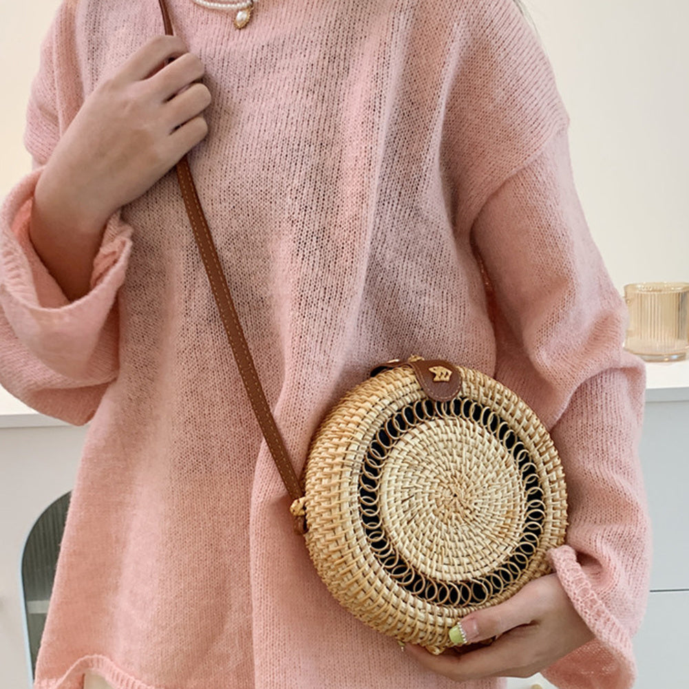 Handcrafted Vietnamese Rattan Straw Round bag / Vintage Art Hand Woven One Shoulder Leather Buckle Bag - crossbody Leather bag shoulder messenger storage bag purse - UK FREE DELIVERY