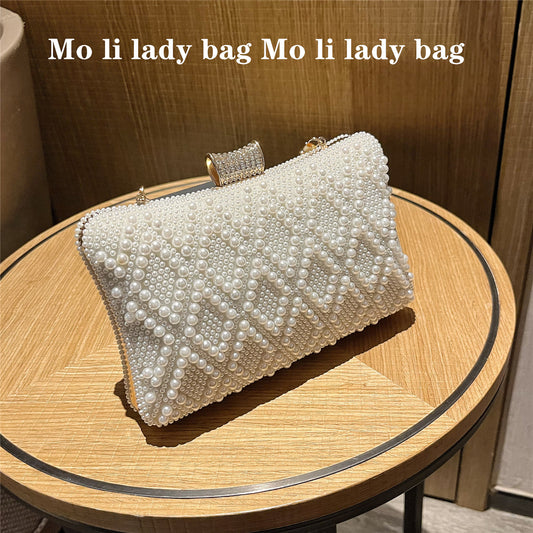 🔥 Hot Selling 🔥 Women’s / Ladies white Pearls Diamanté Crystals Silk Party Prom Evening Dress Formal Clutch bag Purse Handbag shoulder crossbody Bag - Elegant Clutch Temperament Ladies Banquet Pearls Bag - Free UK USA deliveries 💯