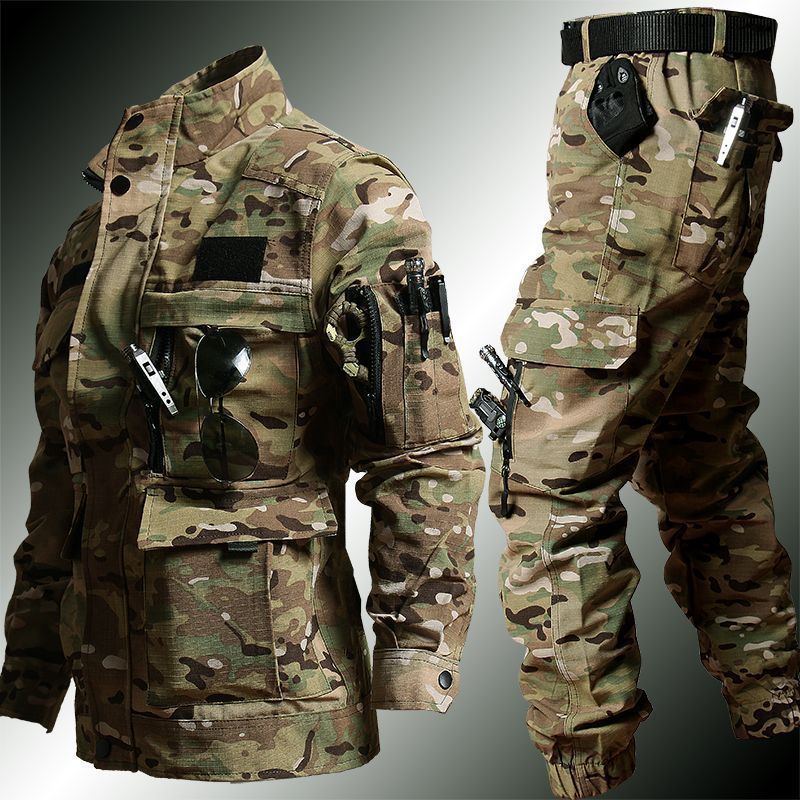 Camouflage LATEST Men's Women’s Tactical Combat Winter Military Camo Jacket & Pants Coat Trousers SUIT SET Clothing Men's Autumn And Winter Suit Tear-resistant Fitness Shirt Labor