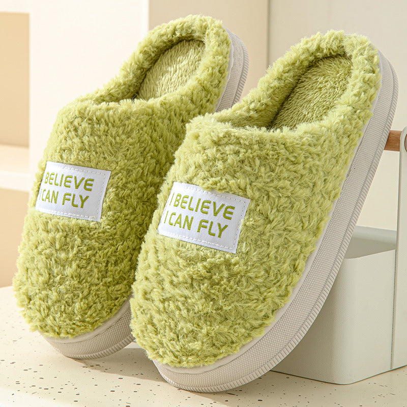 Letter Design Thick Sole Home Slippers Indoor Outside Slides Winter Warm Fluffy Slippers Non-Slip Fur Cotton Shoes Ladies Couples