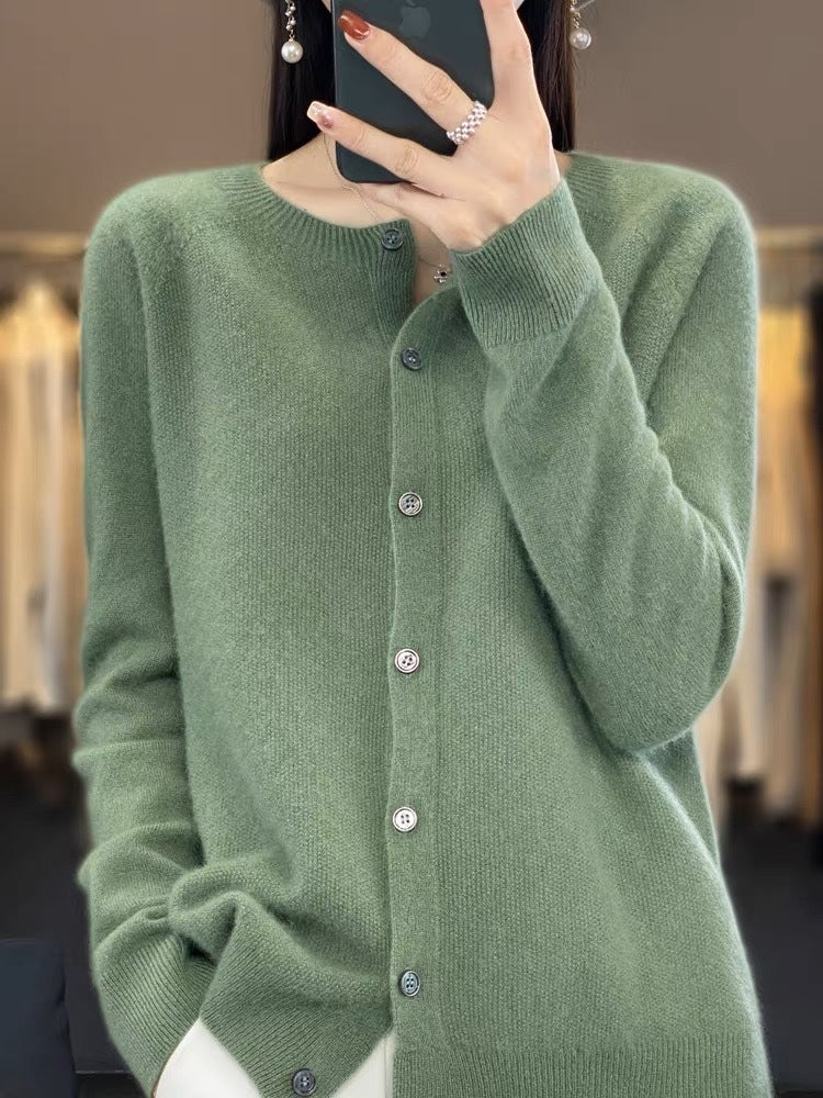 Fashion Merino Wool Cardigan Sweater Women O-Neck Long-sleeve Cashmere Knitwear Spring Autumn Female Clothing Tops