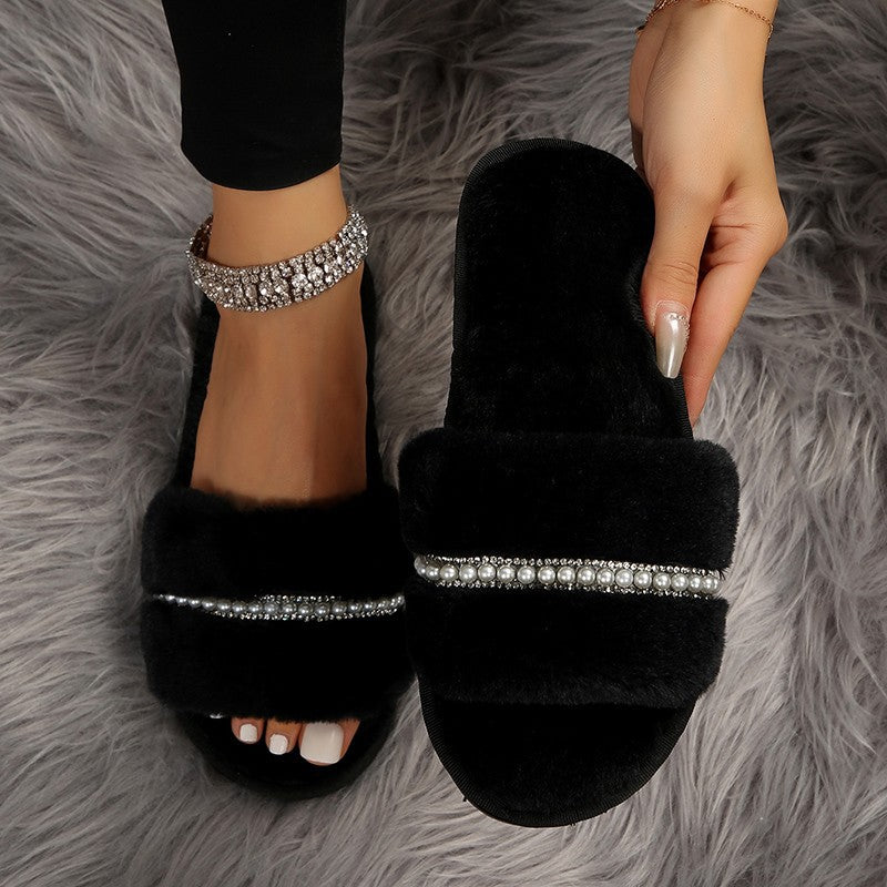 Latest Women’s Trending Fashion Solid Color Plush Fur Slippers With Pearls - Christmas gift - ladies Flat sandals- winter shoes - House indoor / Outdoor Slippers - Autumn / winter boots - Suede shoes - Free Delivery 📦