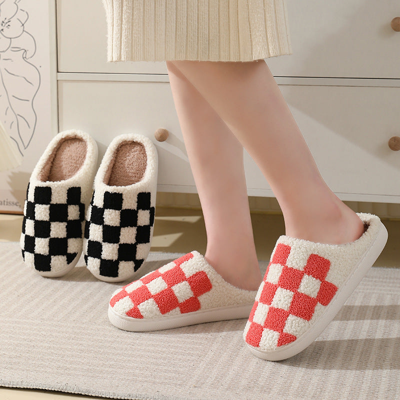 Checkerboard Print SUEDE Winter Slippers - Men’s / Women’s snow boots - Winter House Shoes Men And Women Couple Home Floor Warm Cotton Slippers - Best Christmas Present for Him & Her - wool sandals - Free delivery