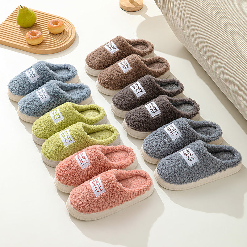 Letter Design Thick Sole Home Slippers Indoor Outside Slides Winter Warm Fluffy Slippers Non-Slip Fur Cotton Shoes Ladies Couples