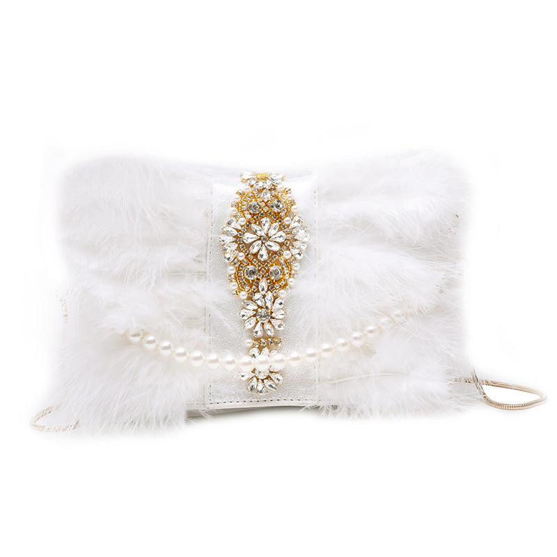 Women’s Fashion Designer Pearls Diamond Fur Evening Prom Party Dress Clutch Bag Dinner Plush Bag